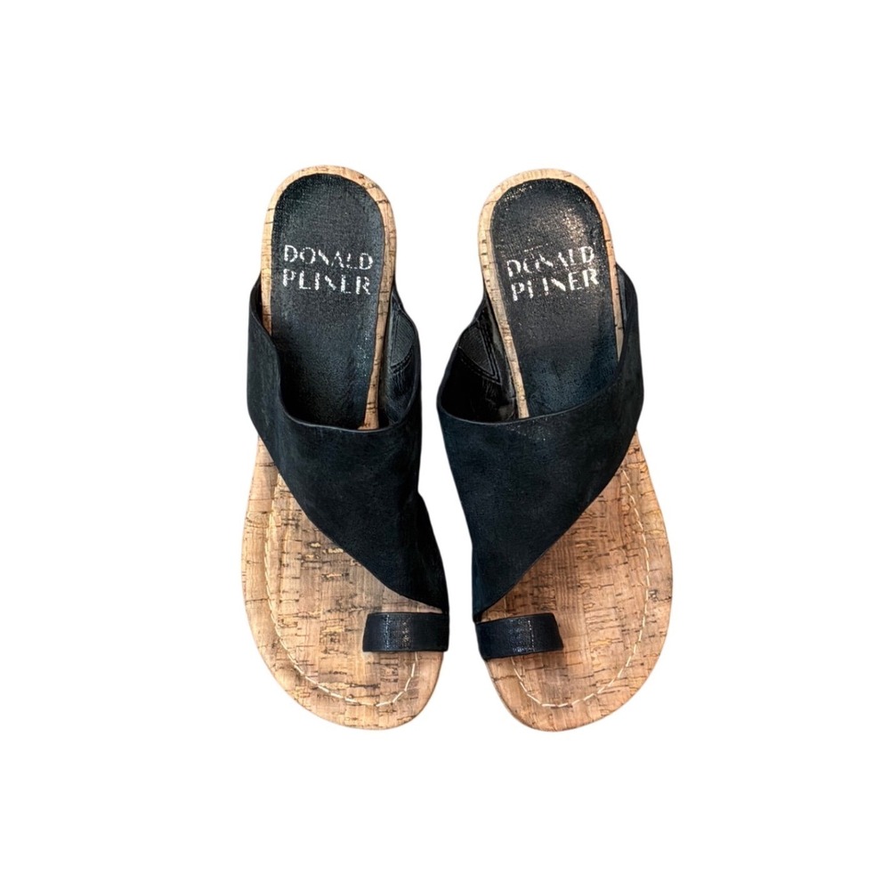 Donald Pliner Black Leather Cork Wedge Sandals Toe Loop HPGYER26060 Womens 6M‎